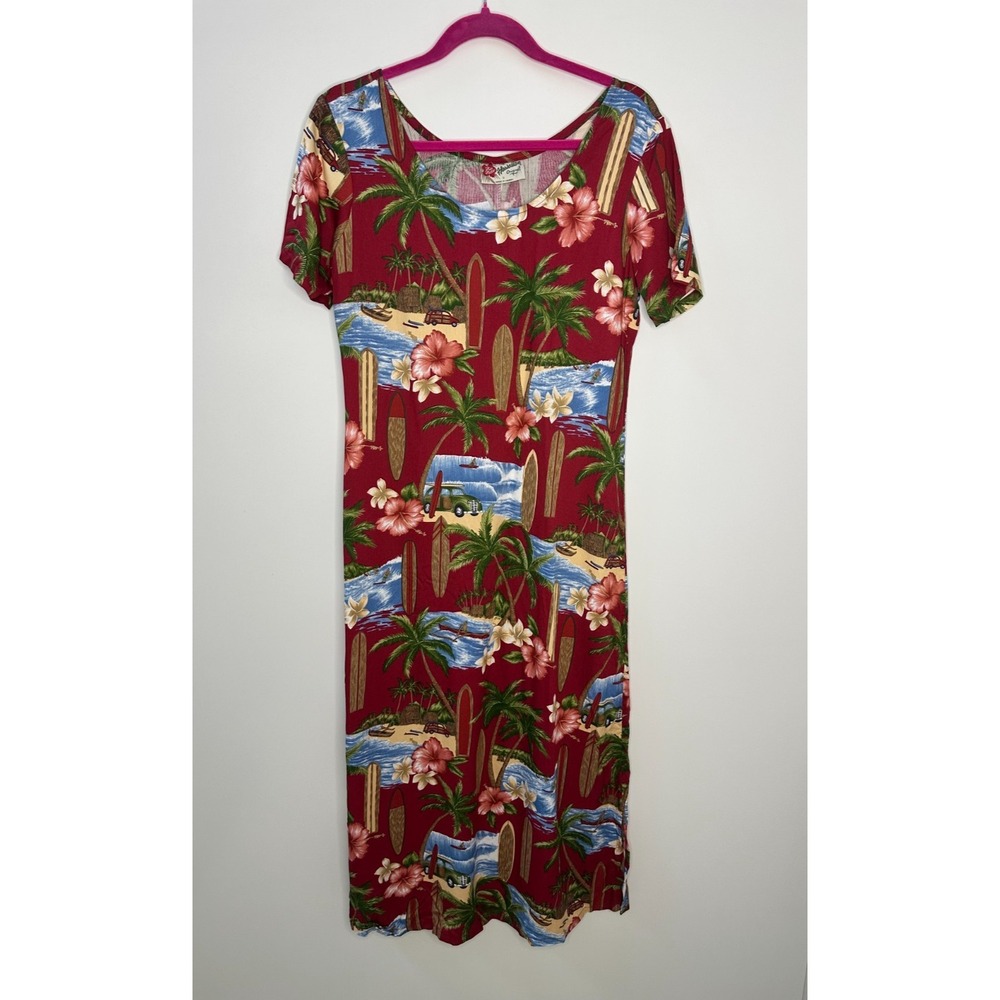Hilo Hattie Red Tropical Scenic Surfboard Rayon Midi Dress Small Hawaiian Floral - Picture 14 of 14